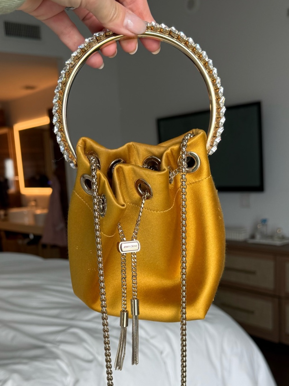 Jimmy Choo Gold Satin Drawstring Mini Bucket Bag with Jeweled Handle